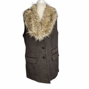 TOPSHOP faux fur collar vest wool tweed brown long dark‎ academia 12